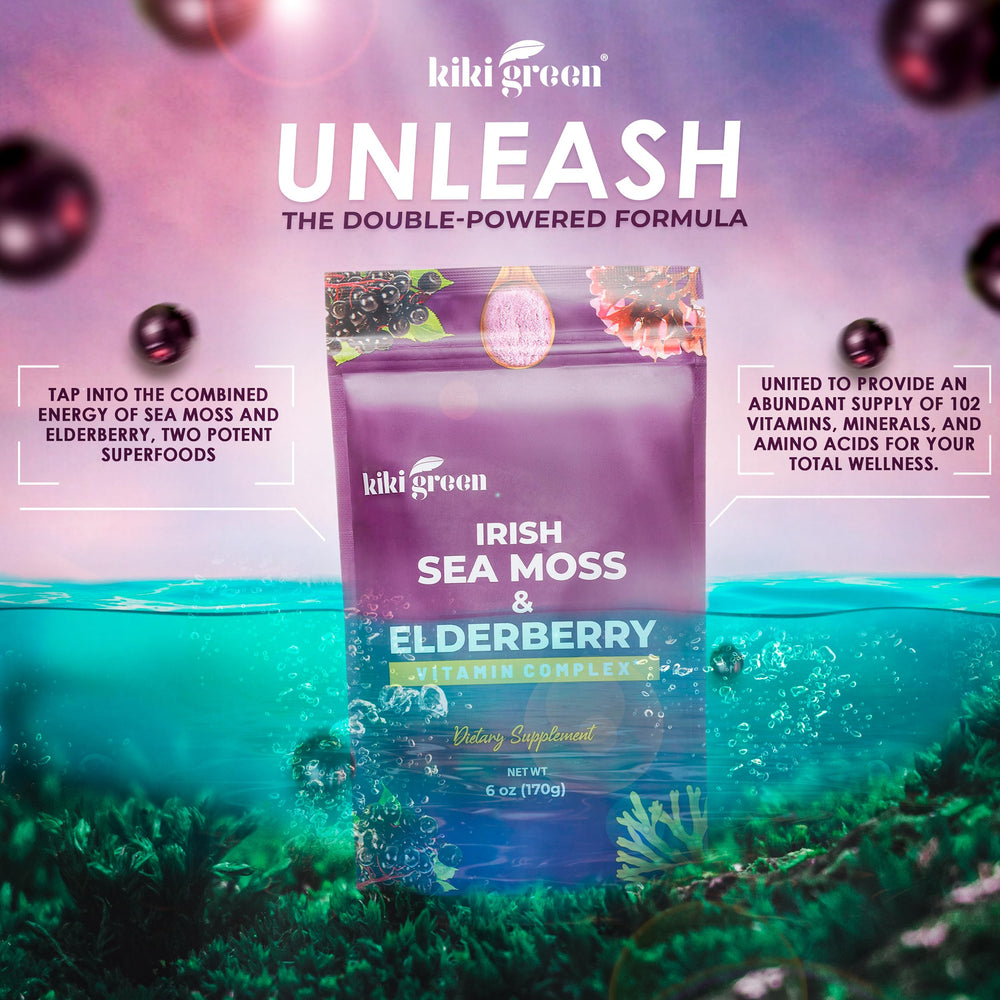 KIKI Green Sea Moss powder elderberry packaging and label