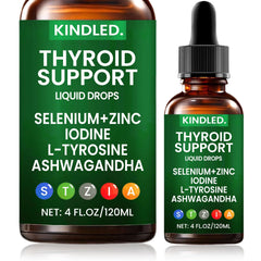 Bottle of Kindled Thyroid Support Drops with dropper on white background