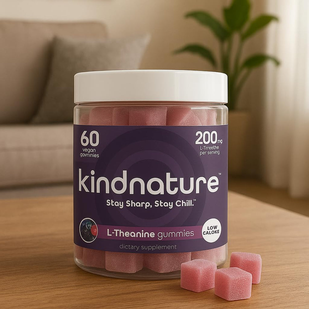 Close-up of KindNature L-Theanine Gummies packaging