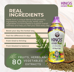 Kings Herbal Plus bottle with a glass of juice