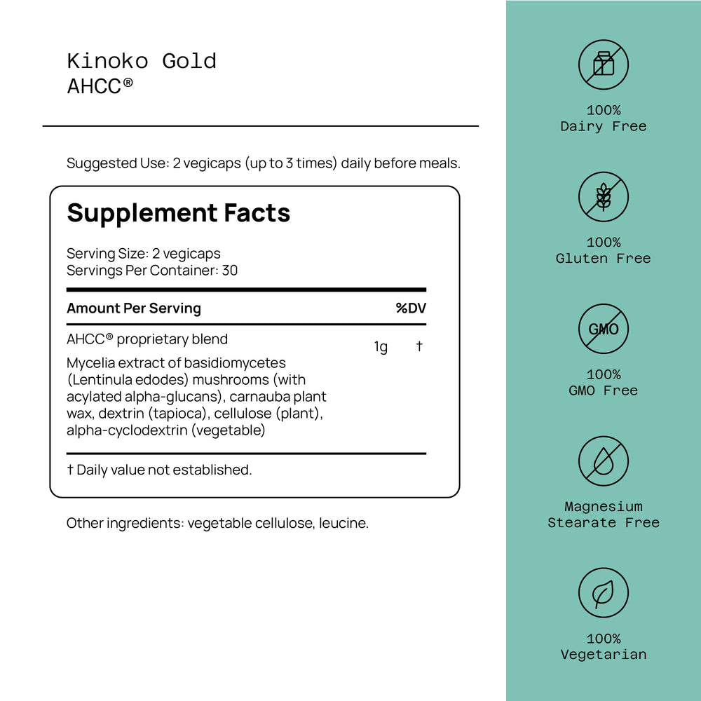 Side view of Kinoko Gold AHCC bottle