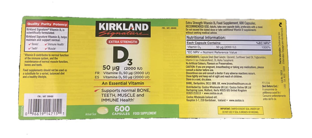 Kirkland Signature Vitamin D3 bottle side view for compact storage and access