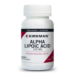 Bottle of Kirkman Alpha Lipoic Acid 100 mg hypoallergenic 120 vegetarian capsules