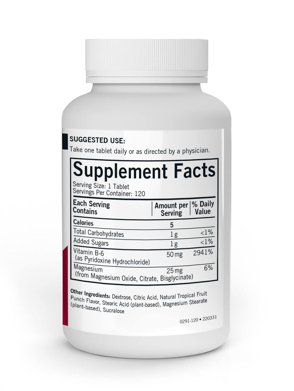 Label and bottle of Kirkman Vitamin B6 with Magnesium chewable tablets