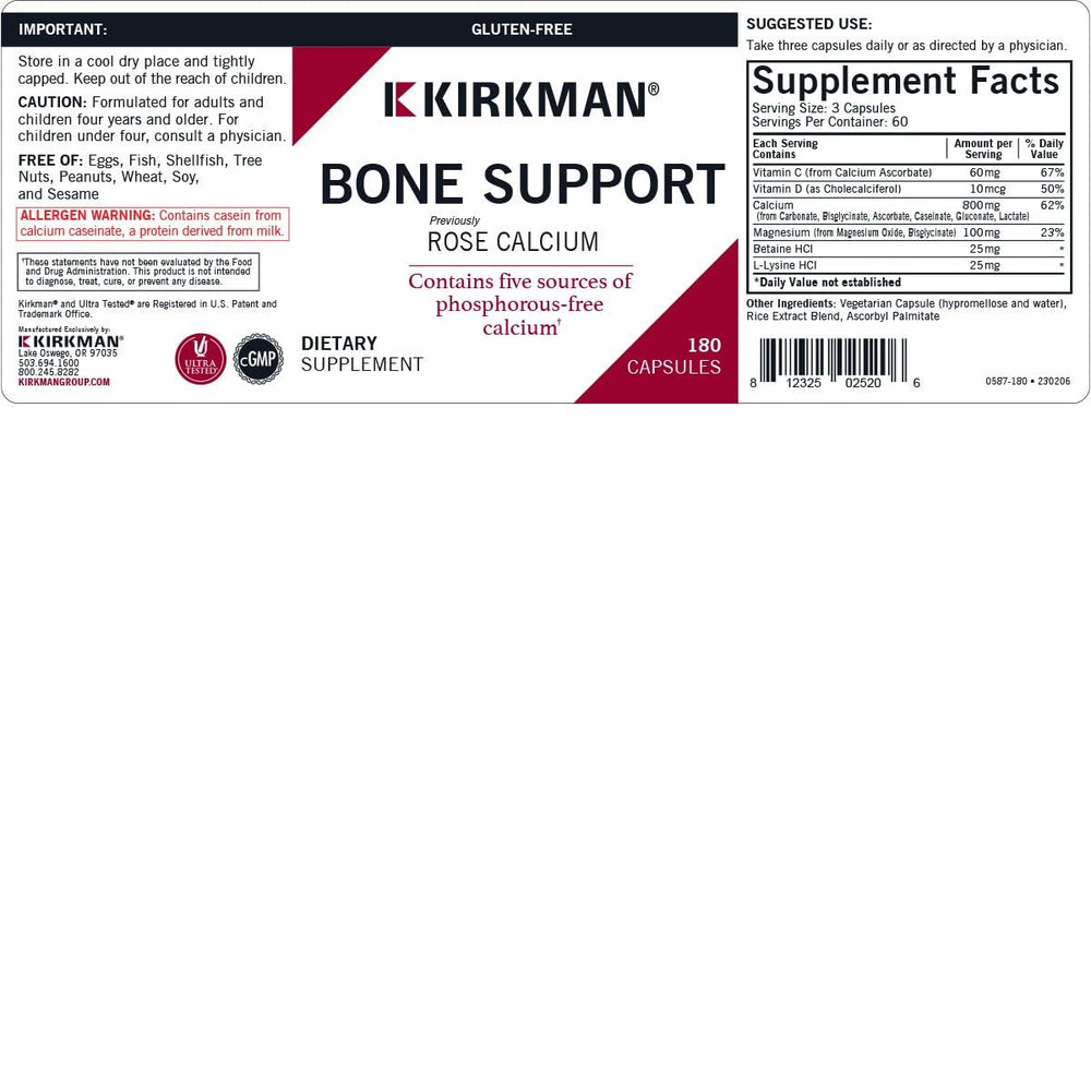 Close-up of Kirkman Bone Support bottle and its capsules on a white background