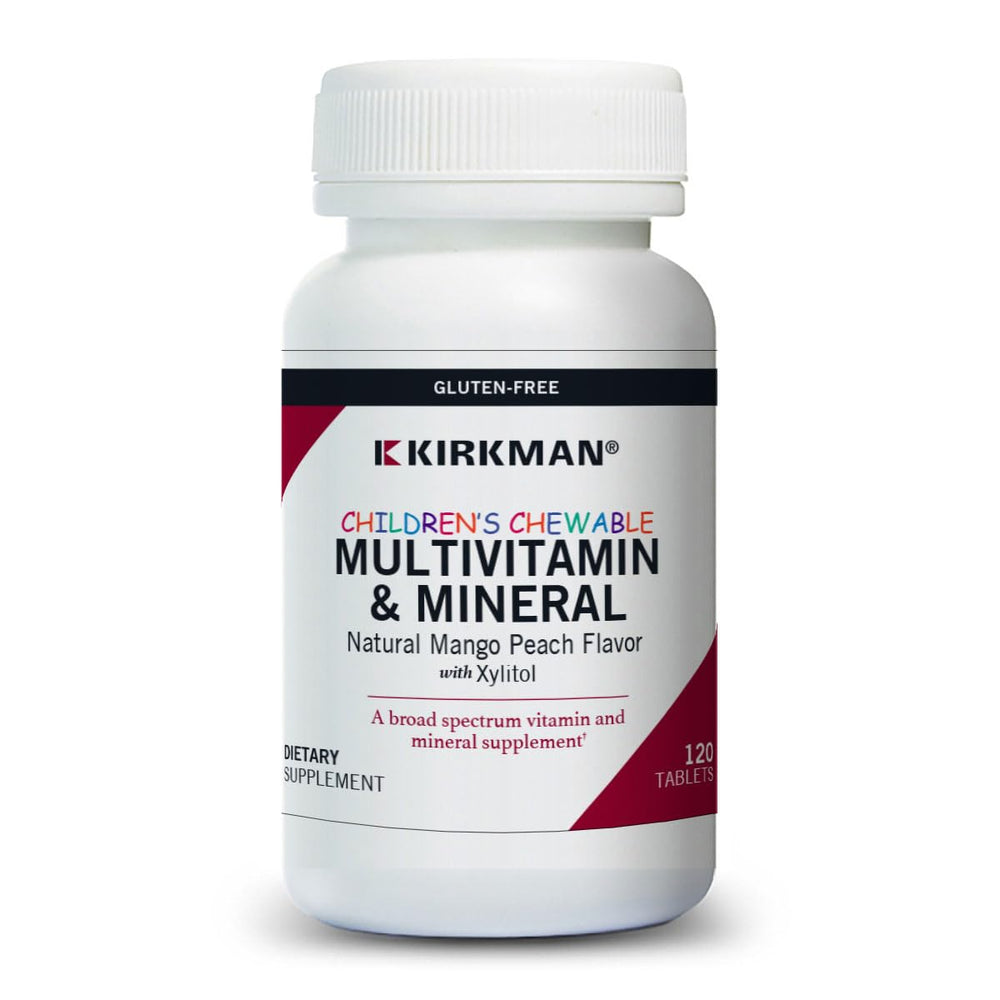 Kirkman Children's Multivitamin & Mineral front view with 120 chewable tablets, mango peach flavor