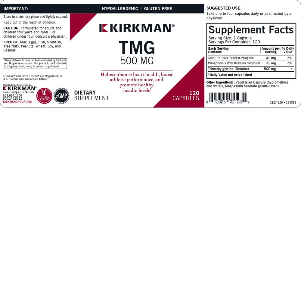 Close-up of Kirkman TMG 500 mg capsules beside bottle