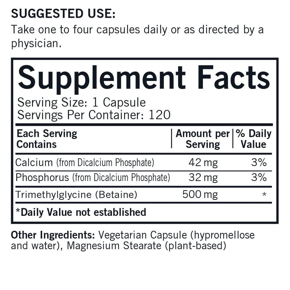 Front view of Kirkman TMG 500 mg bottle – 120-count