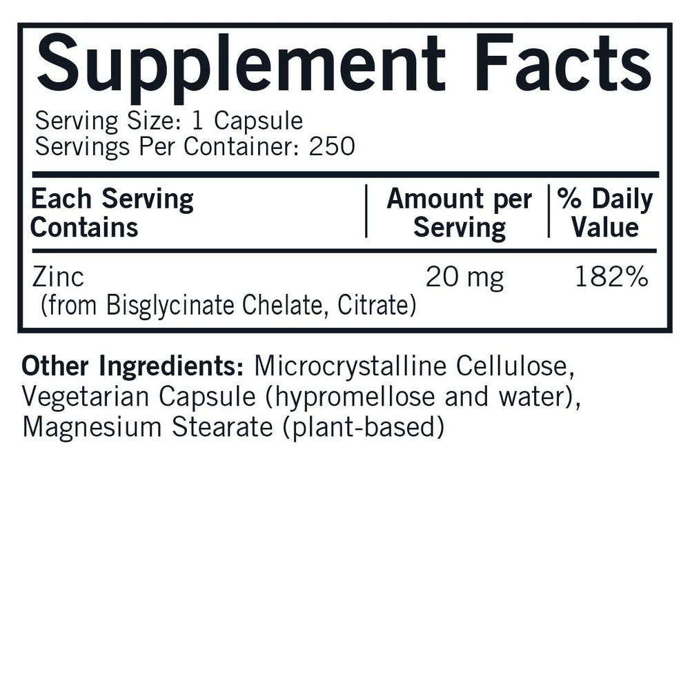 Kirkman Zinc 20mg bottle with nutrition facts label