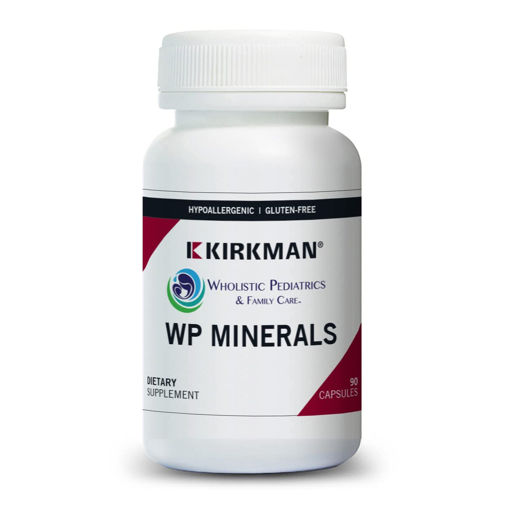 Label and bottle of Kirkman WP Minerals (90 Vegetarian Capsules)