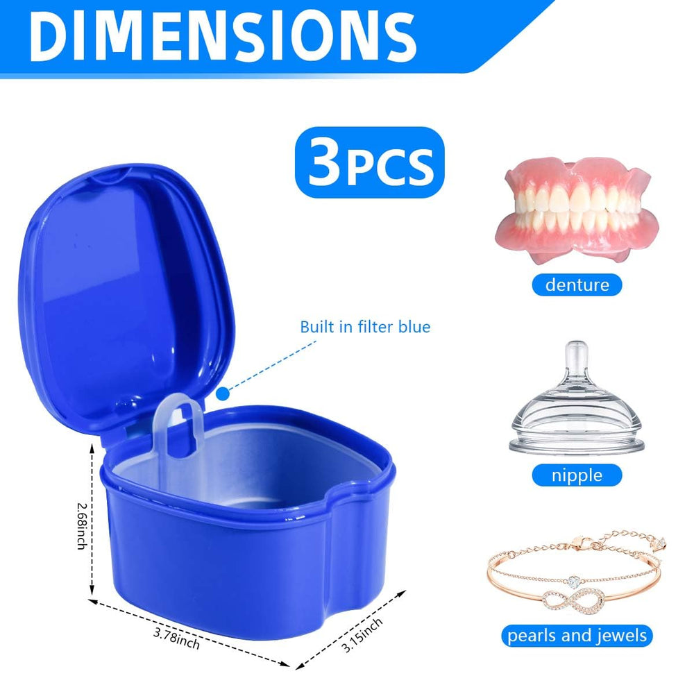 Denture bath case with strainer basket in blue