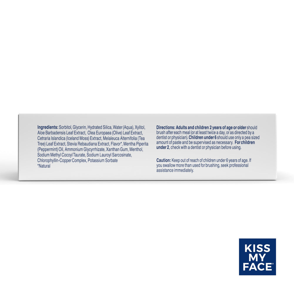 Kiss My Face vegan fluoride-free toothpaste packaging for family
