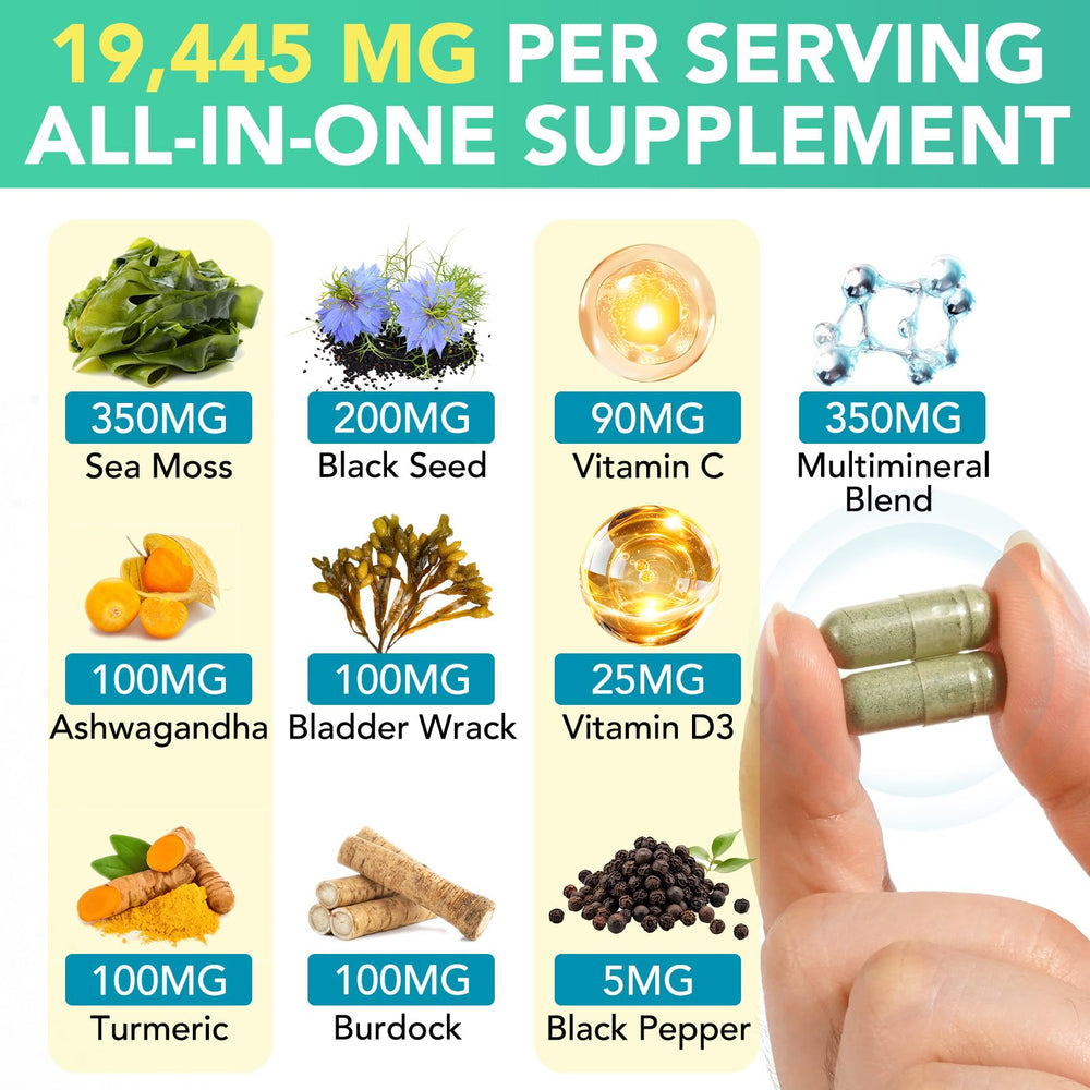 Ashwagandha, ginger, turmeric, burdock root and bladderwrack for a comprehensive supplement