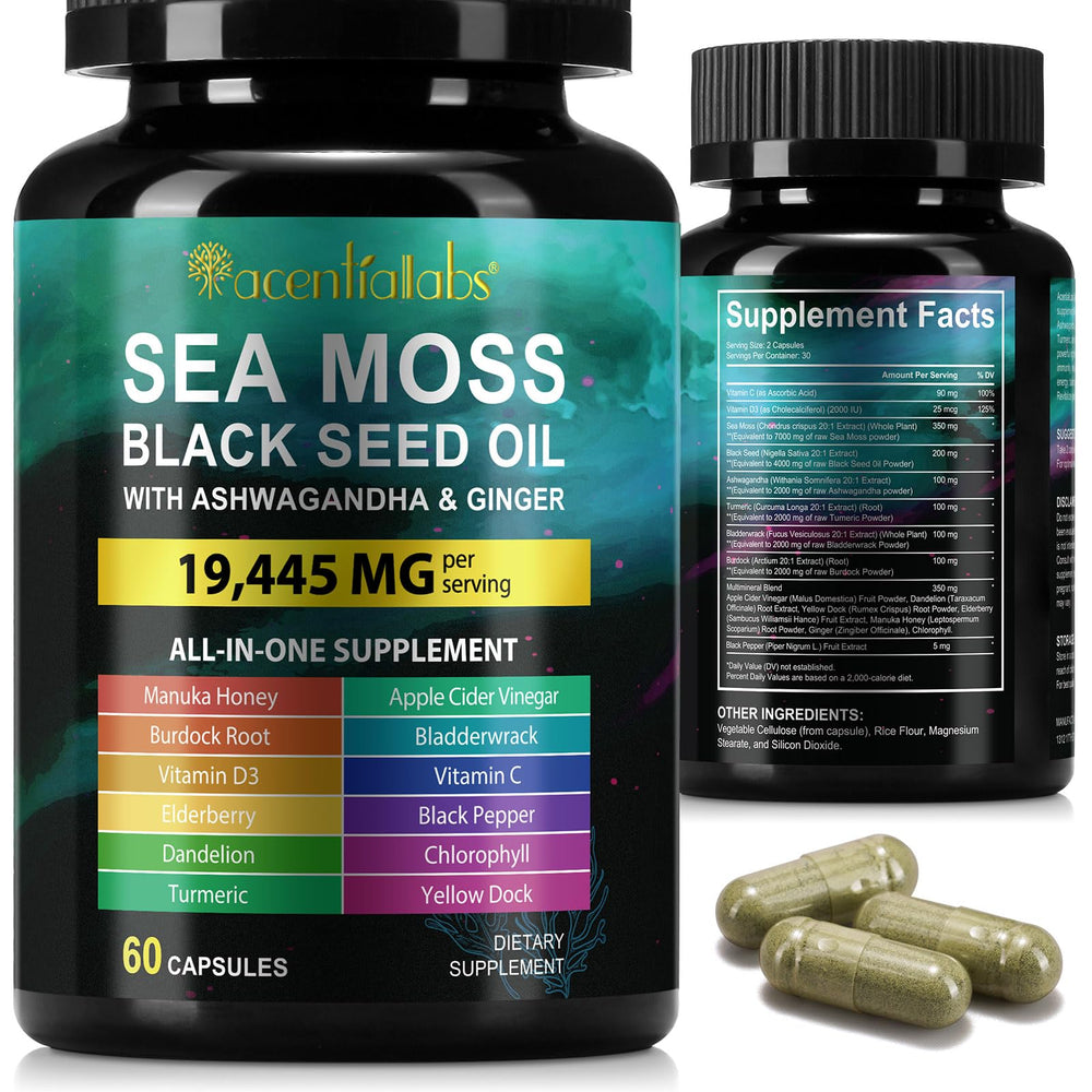 Bottle of KITNOBLIS Sea Moss and Black Seed Oil with Ashwagandha, Ginger and Turmeric β 120 capsules