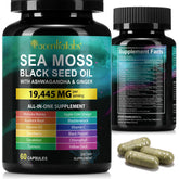 Bottle of KITNOBLIS Sea Moss and Black Seed Oil with Ashwagandha, Ginger and Turmeric – 120 capsules