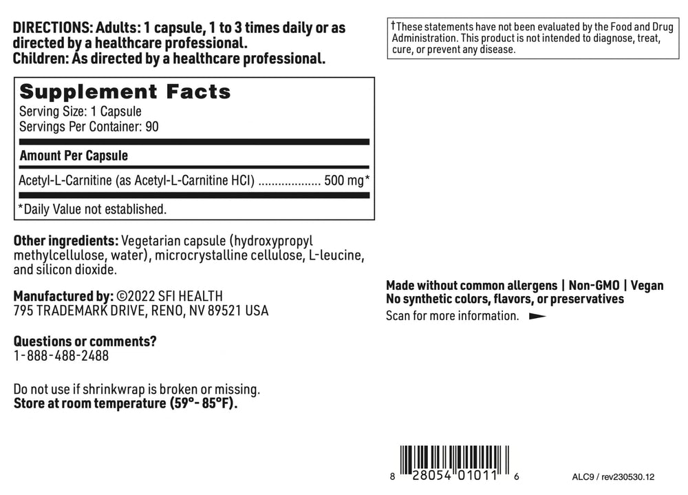 Usage directions for Klaire Labs Acetyl-L-Carnitine 500 mg
