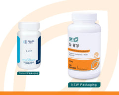Close-up of SFI Health 5-HTP bottle label highlighting hypoallergenic formula