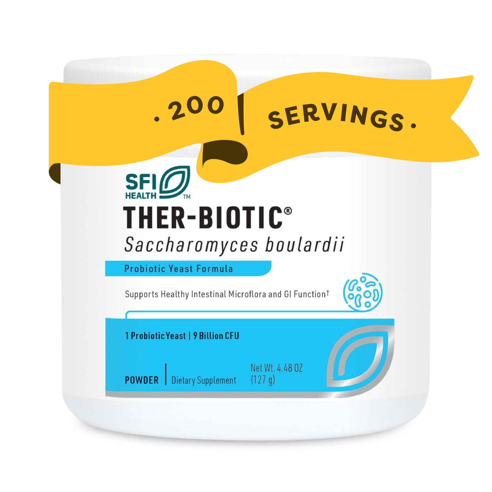 Klaire Labs SFI Health Pure Saccharomyces boulardii powder container with scoop