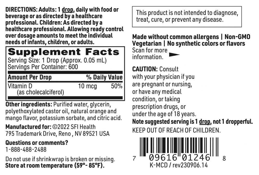Nutrition facts panel of Vitamin D3 liquid