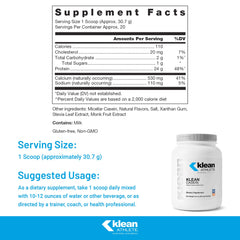 Klean Casein label closeup shows gluten-free and GMO-free formulation.