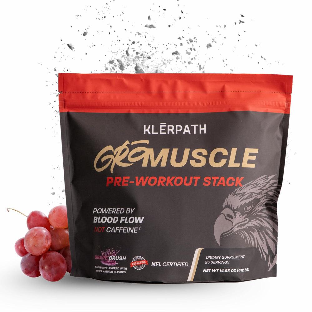 Klerpath GROMuscle bottle-pour showing grape flavor for a pre-workout boost