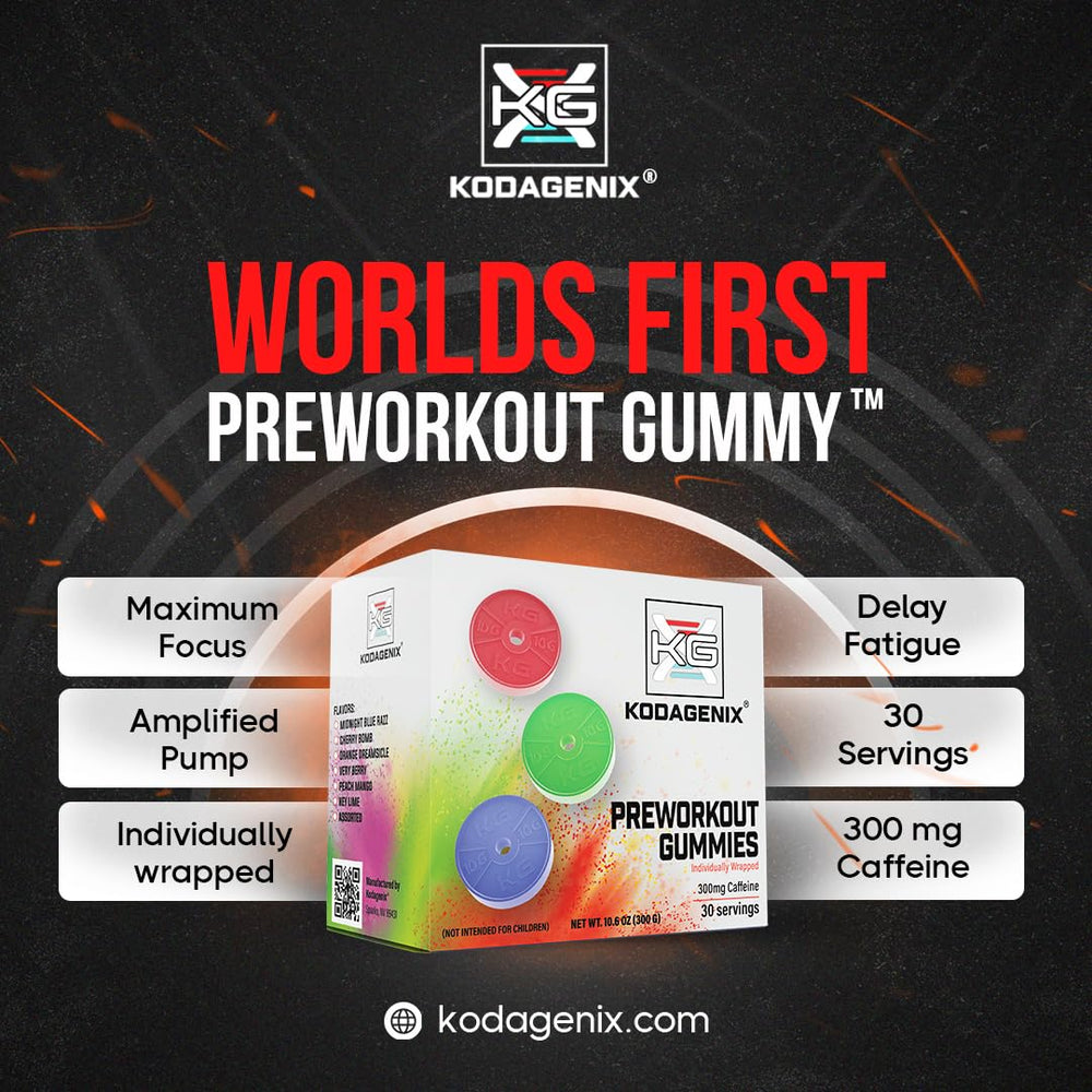 Kodagenix pre-workout gummies flavor pack highlights six sour flavors for variety.