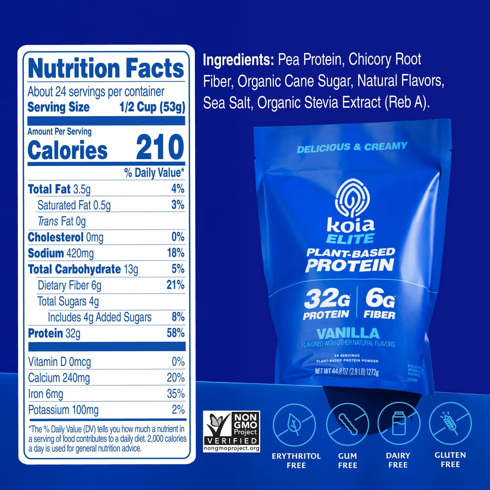 Koia Vanilla protein powder scoop emphasizes convenient plant-based nutrition