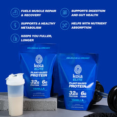 Koia Vanilla shaker pre/post-workout setup suggests versatile recovery use