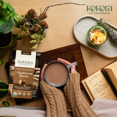 Serving Kokora 7 Mushroom Mocha with non-dairy milk and cinnamon
