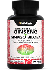 Korean Red Panax Ginseng 1200mg + Ginkgo Biloba vegan capsules bottle