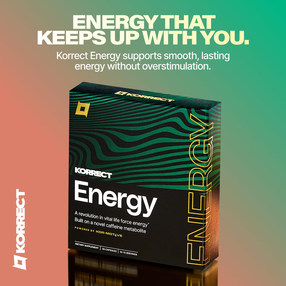 KORRECT LIFE Korrect Energy bottle side view highlighting portable energy for workouts and daily tasks