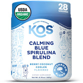 Front label of KOS Calming Blue Spirulina Blend Berry Coconut Cooler