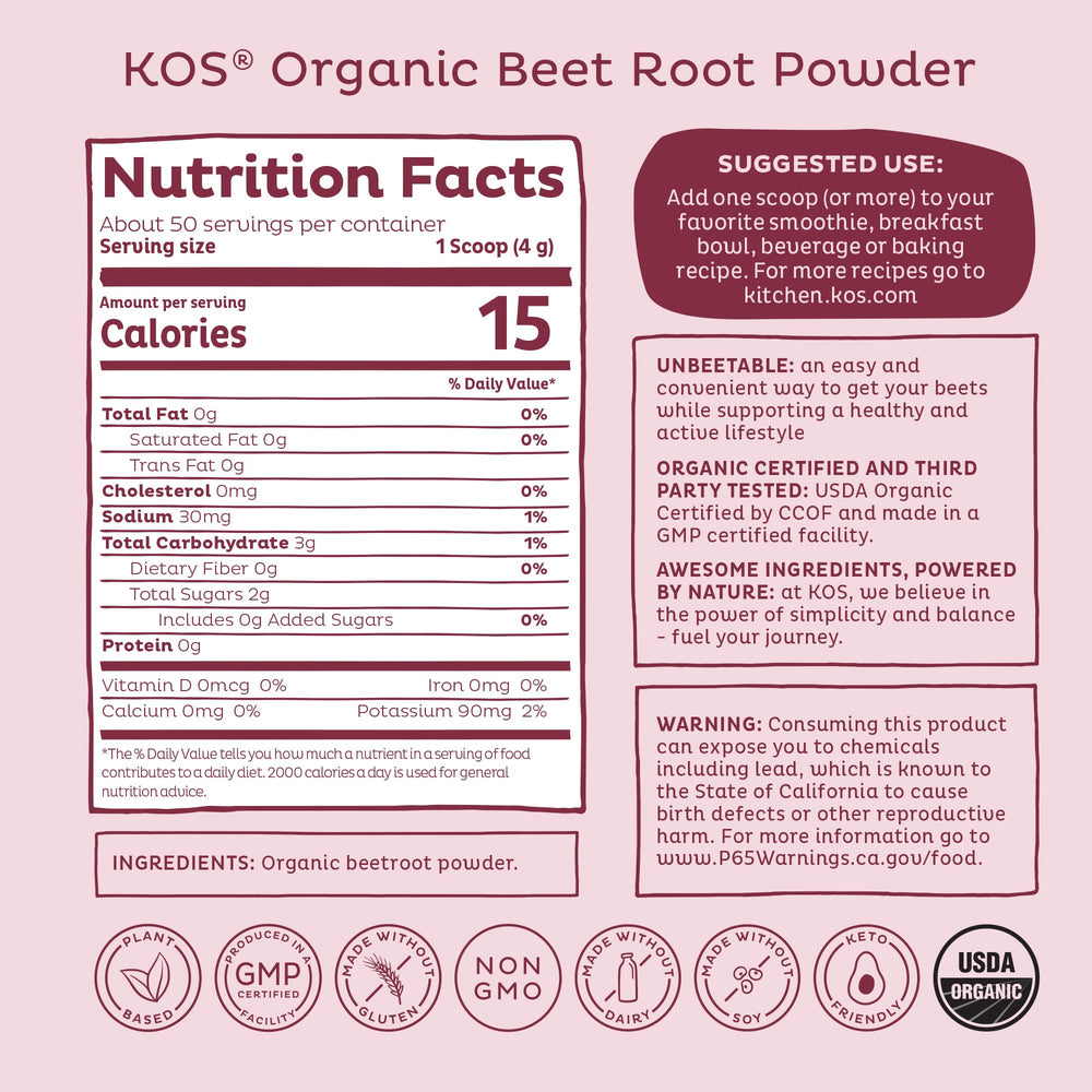 KOS Organic Beet Root Powder label shows USDA Organic and third-party certifications.
