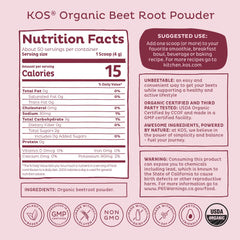 KOS Organic Beet Root Powder label shows USDA Organic and third-party certifications.