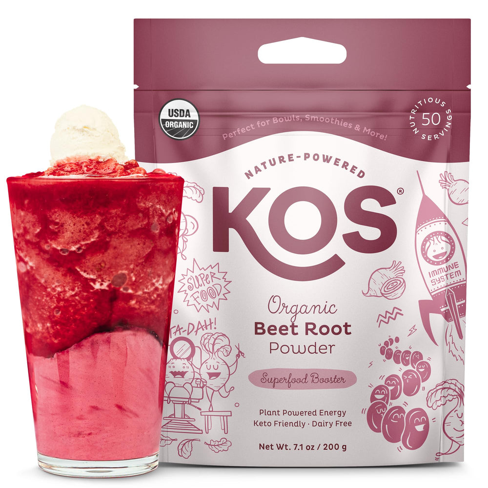 KOS Organic Beet Root Powder tub front shows a vibrant color boost for smoothies.