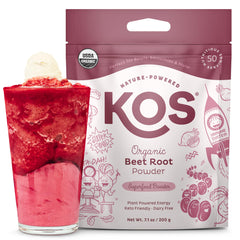 KOS Organic Beet Root Powder tub front shows a vibrant color boost for smoothies.