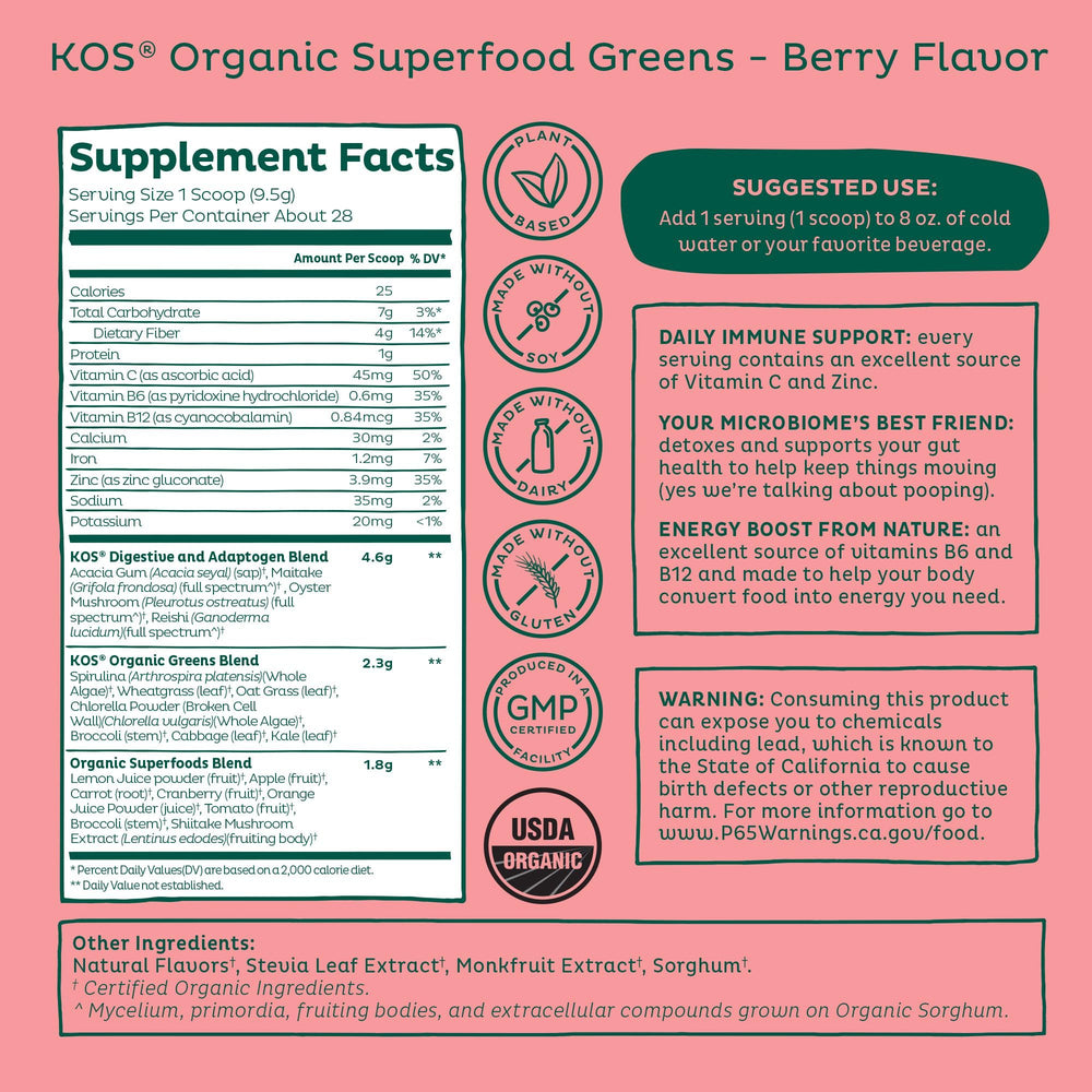 Close-up of 17 greens and berry blend ingredients
