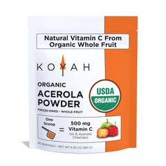KOYAH Organic Acerola Powder container with scoop on white background