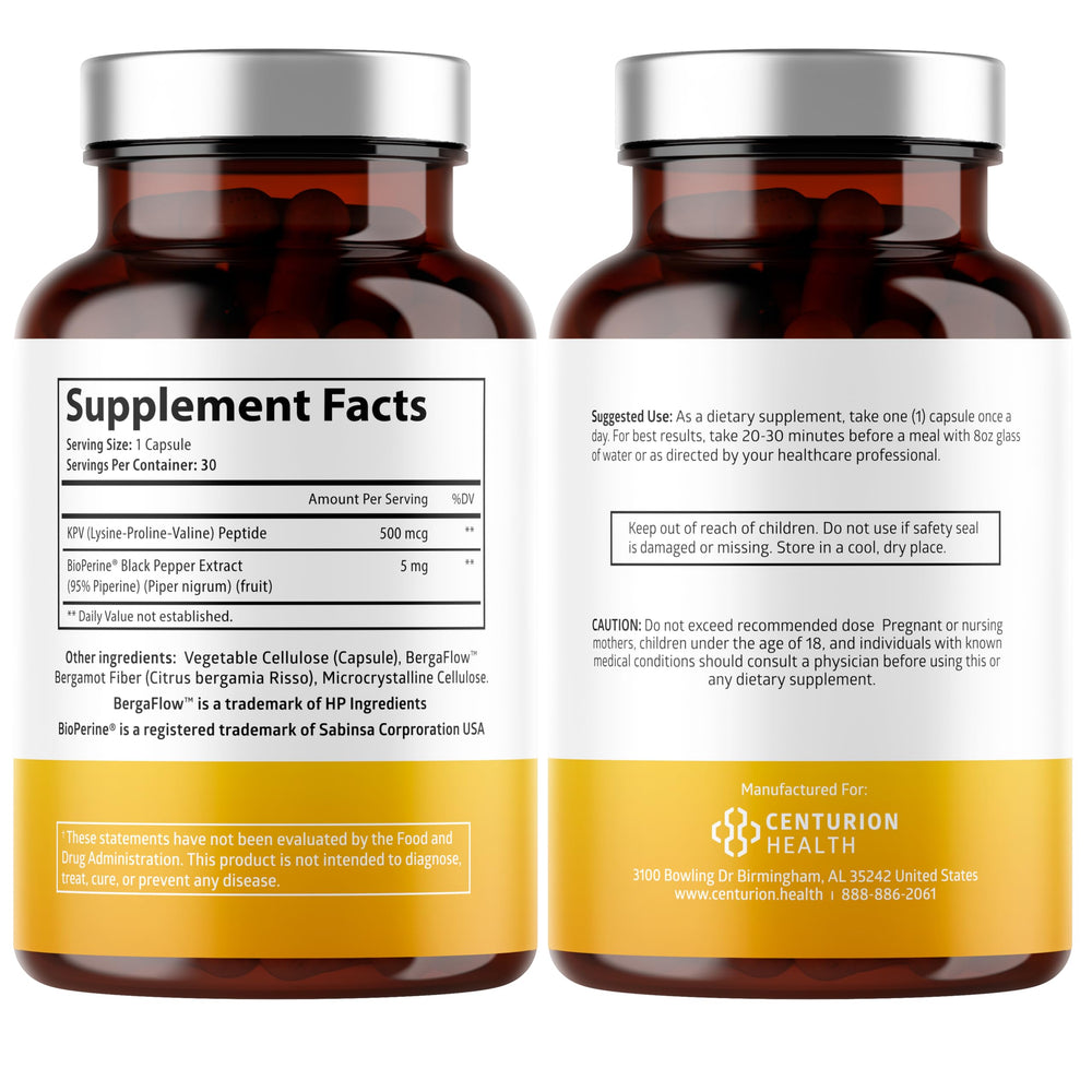 Close-up of capsules showing 500mcg KPV per serving