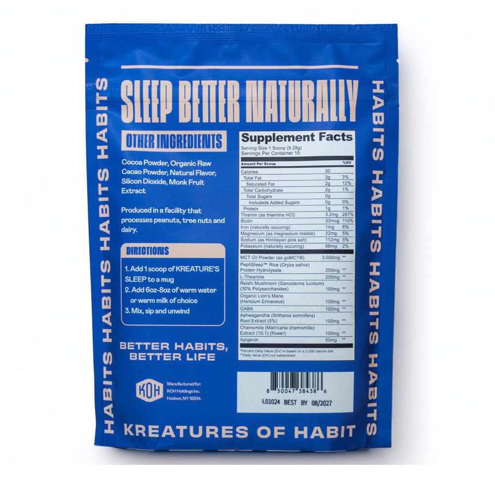 Serving suggestion of Kreatures of Habit Sleep chocolate beverage