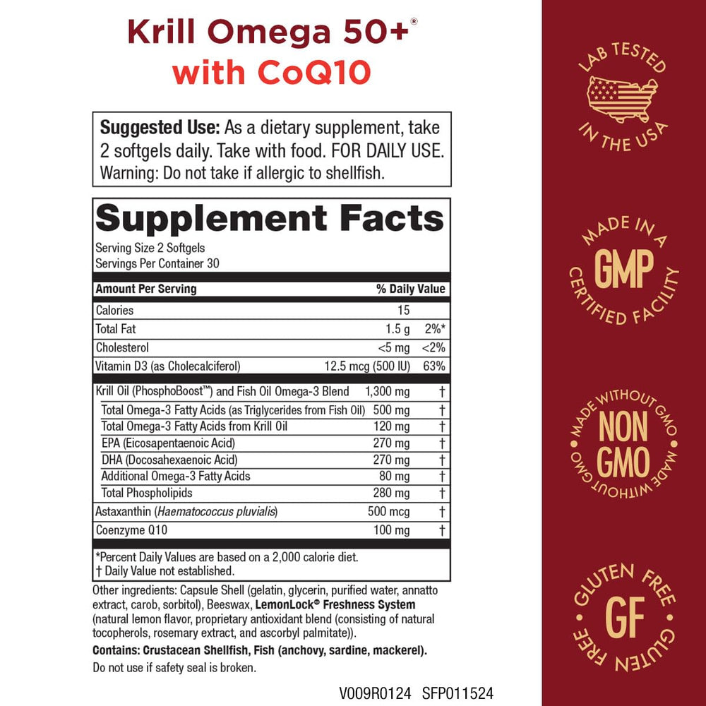 Front view of Purity Products Krill Omega 50+ CoQ10 bottle
