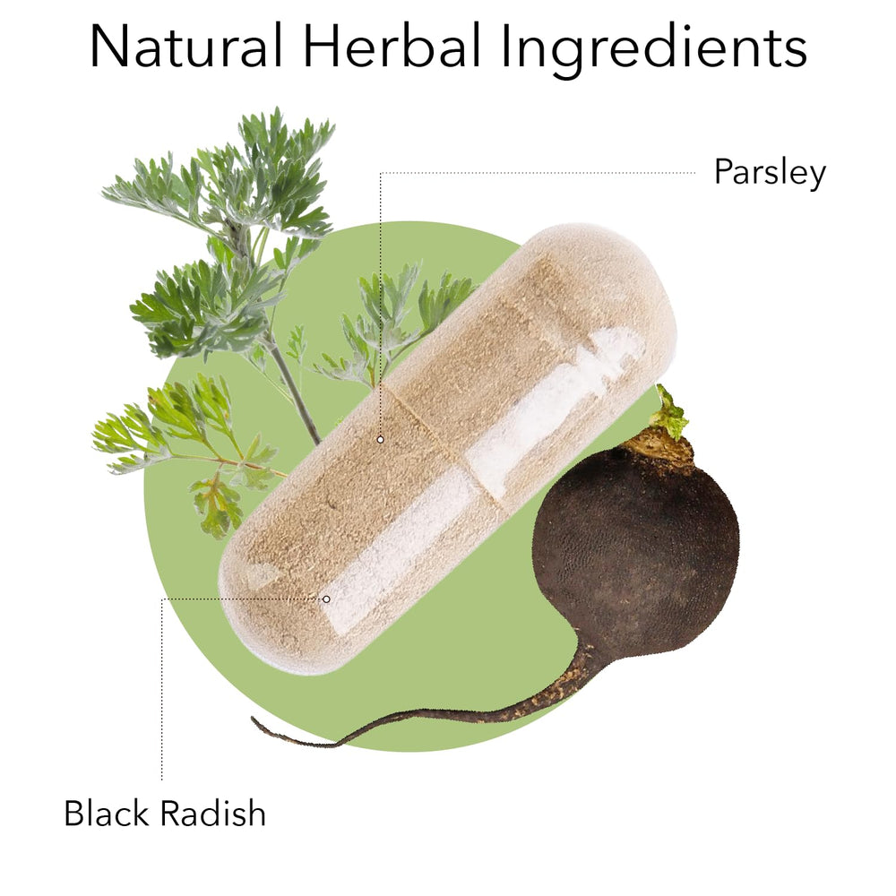 Capsules of Black Radish & Parsley supplement with label