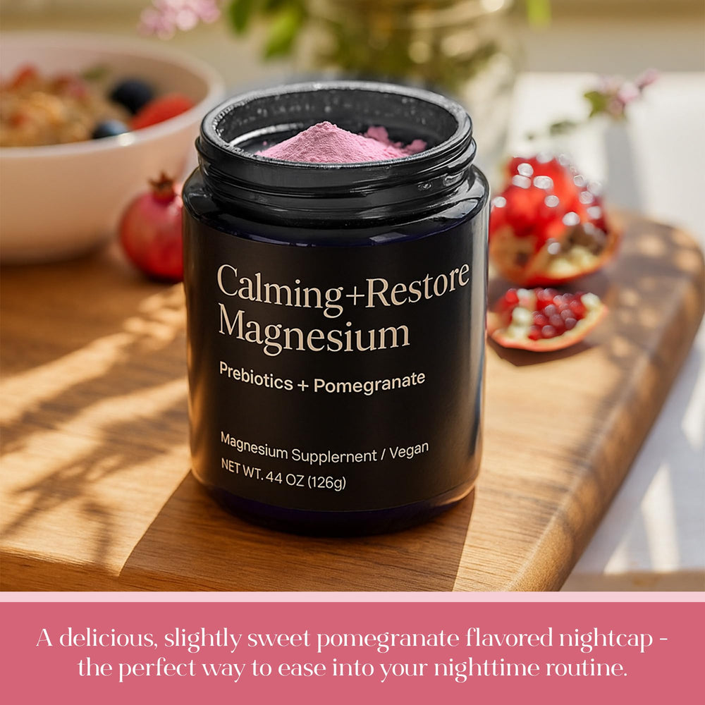 Pomegranate-flavored magnesium powder canister on a kitchen counter