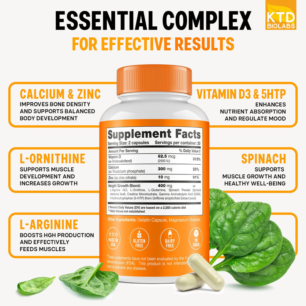 Close-up of height growth supplement capsules from KTD BIOLABS