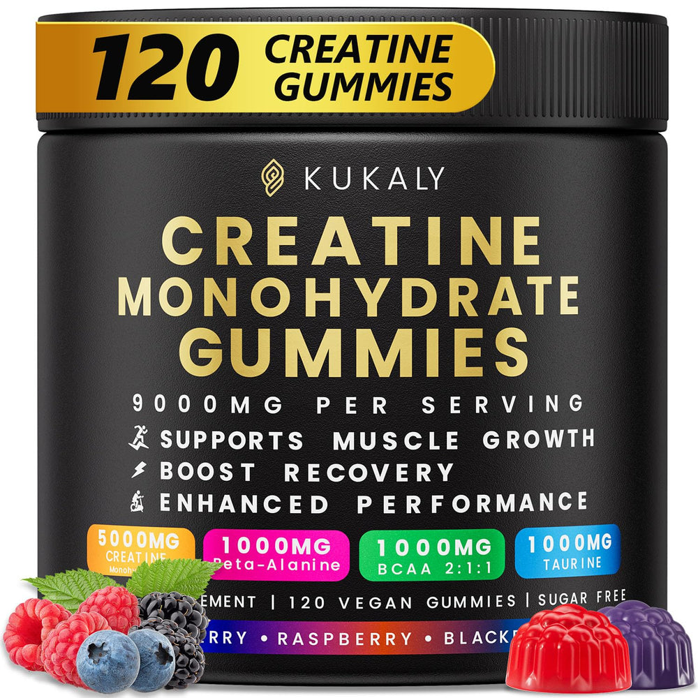 Front view of Kukaly Creatine Monohydrate Gummies bottle showing mixed flavors