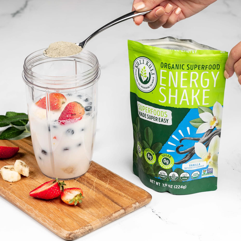 Kuli Kuli US-made packaging on vegan smoothie mix pouch.