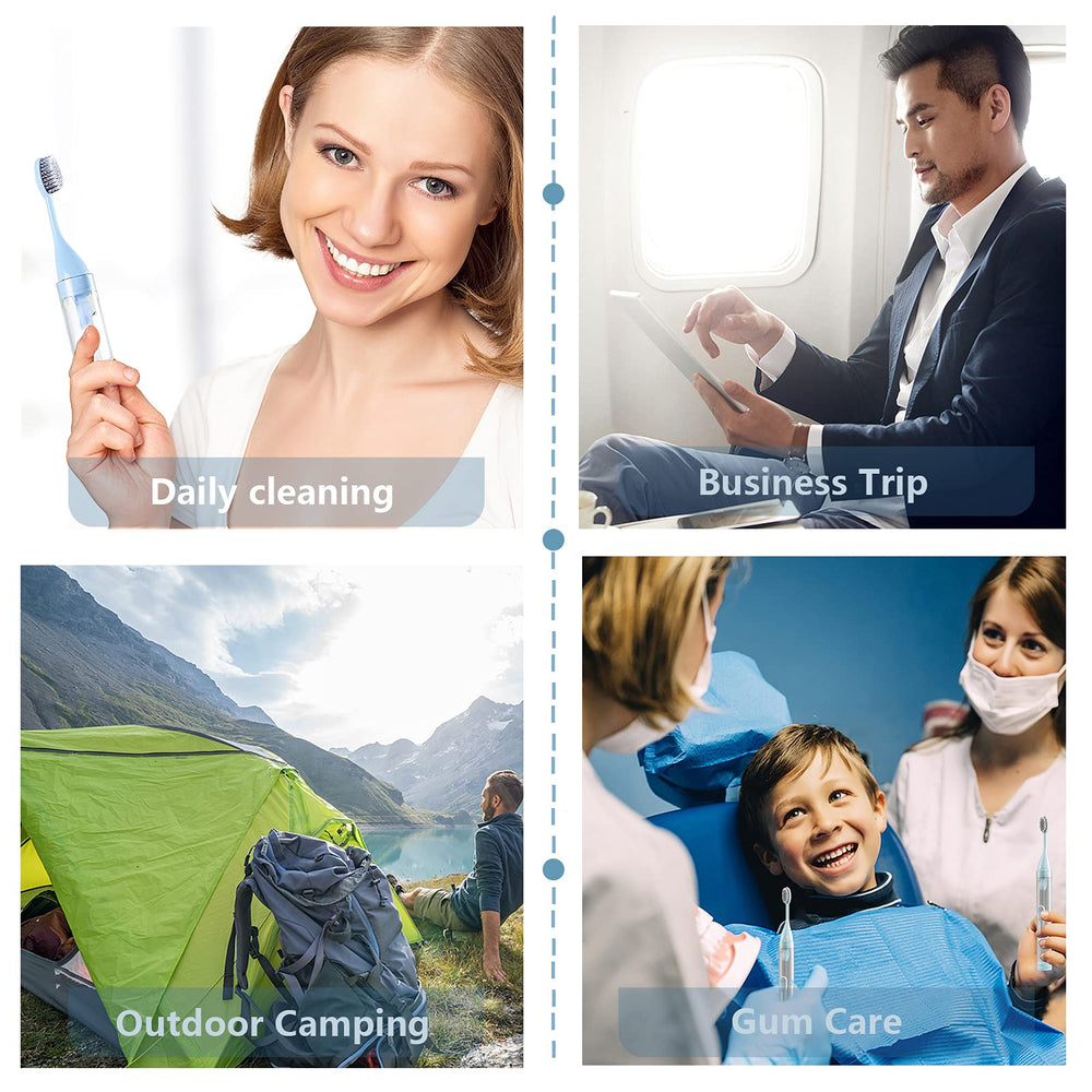 Portable travel toothbrush kit in blue and white for camping and business trips