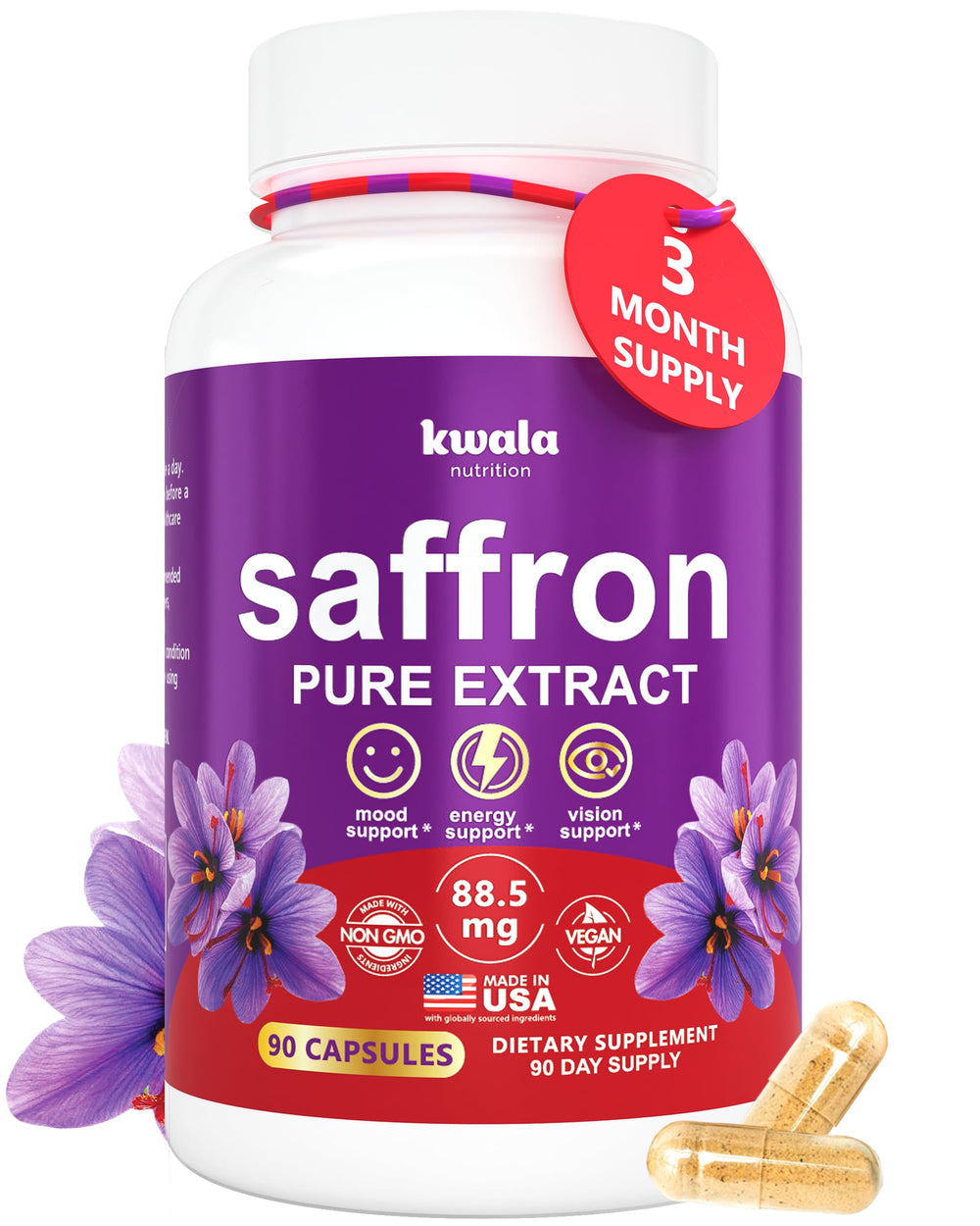Kwala Nutrition saffron supplement bottle – 90 capsules (3 month supply)