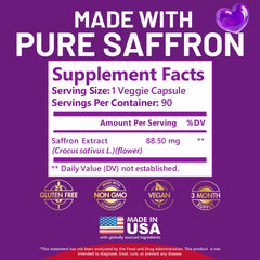 Made in USA, vegan and non-GMO badges on saffron supplement packaging