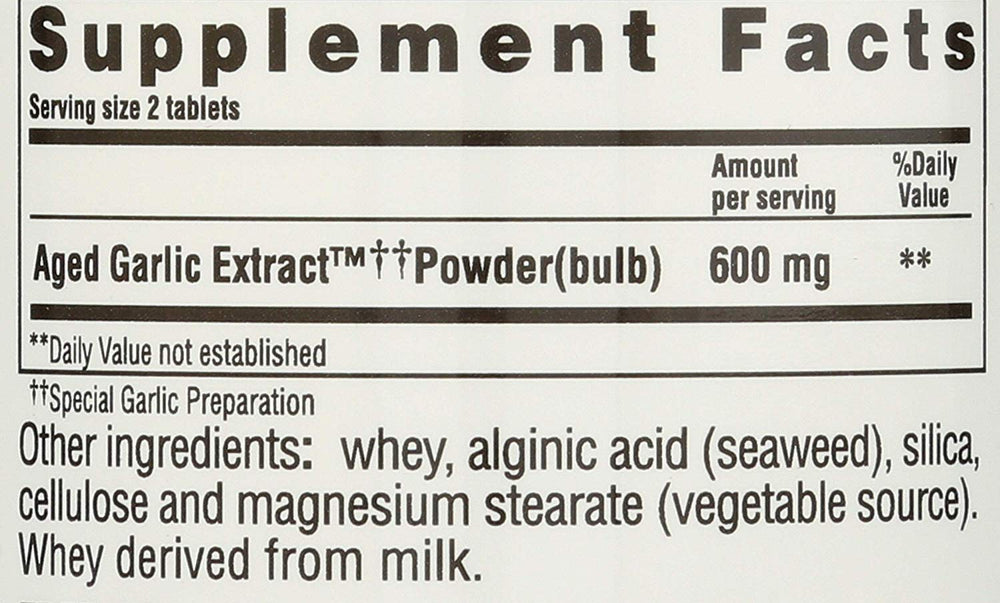 Close-up of Kyolic garlic supplement bottle label
